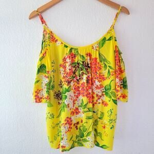 Plenty by Tracy Reese Yellow Floral Adjustable Cold Shoulder Top Size XS EUC